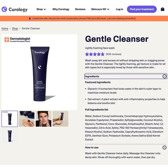 SEALED Curology Gentle Cleanser Gel Foaming Face Wash Sensitive Skin Full Size - Picture 3 of 12